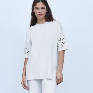 Zara  Embroidered Eyelet Short Sleeve Knit Oversized Sweater White Size Large